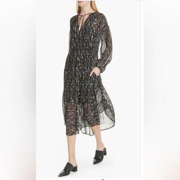 Vince Smocked Chiffon Abstract Silk Midi Dress sz Small Boho Romantic Goth Sheer - Picture 9 of 10